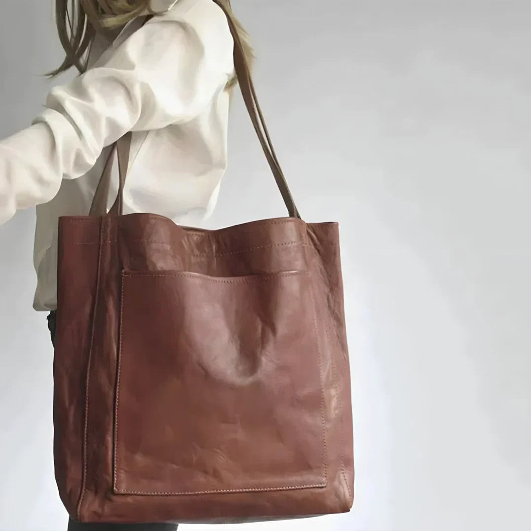 Torebka damska shopper z podwójnymi uchwytami i dużą kieszenią - Ciemny Brąz