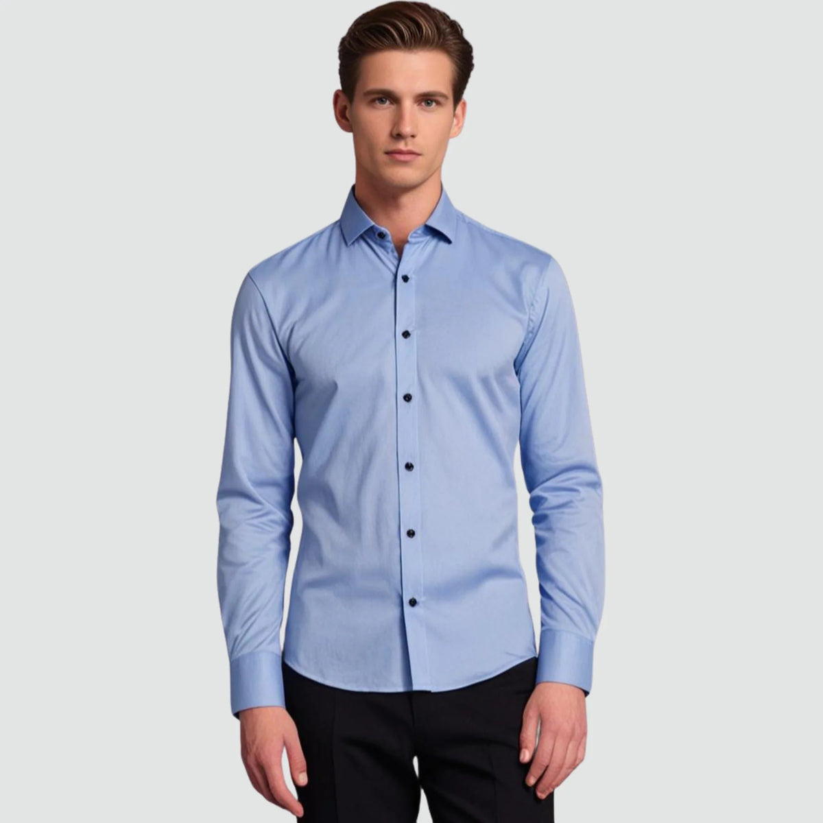 Koszula męska slim fit elegancka z długim rękawem i wykładanym kołnierzykiem - Jasnoniebieski