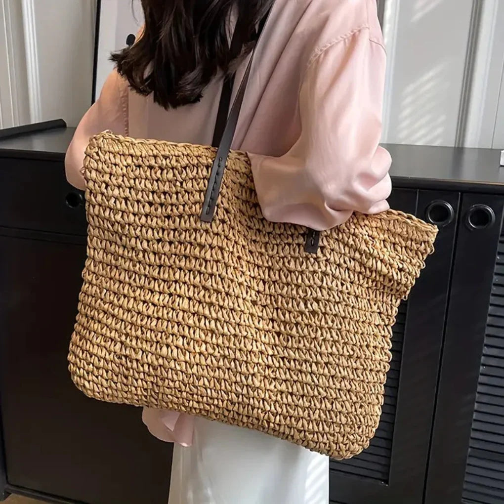 Torebka damska shopper duża pleciona z dwoma długimi uchwytami - Khaki