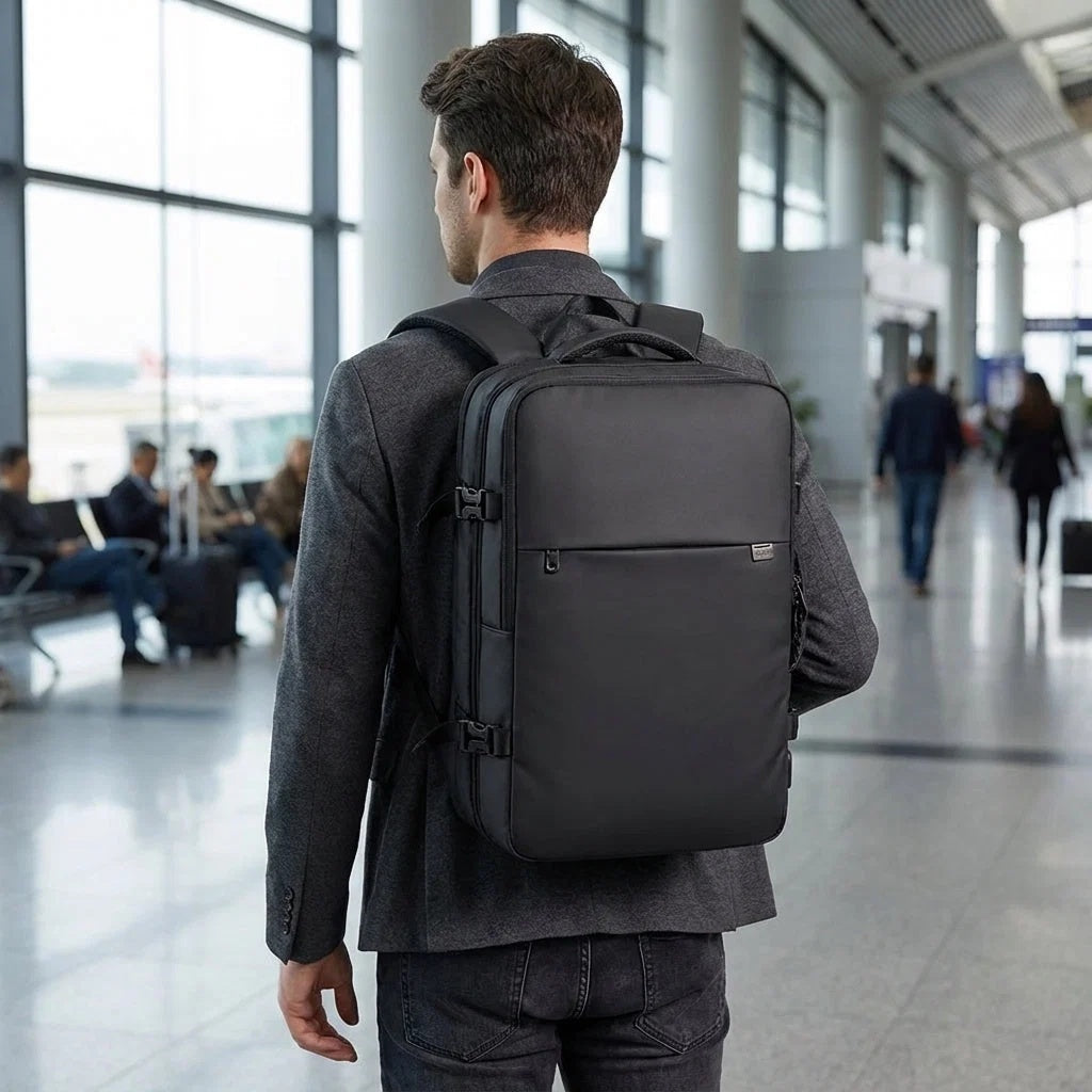 Plecak męski podróżny rozszerzany z komorą na laptop i pasem piersiowym - Czarny
