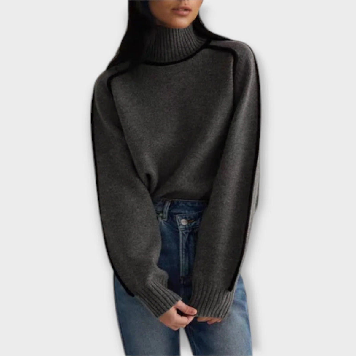 Sweter damski oversize z golfem i kontrastową lamówką - Szary