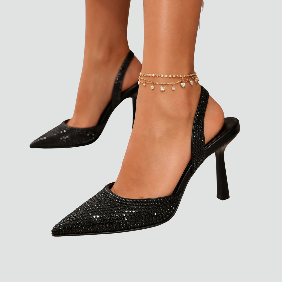 Czółenka damskie slingback na wysokim obcasie ze spiczastym noskiem i zdobieniami - Czarny