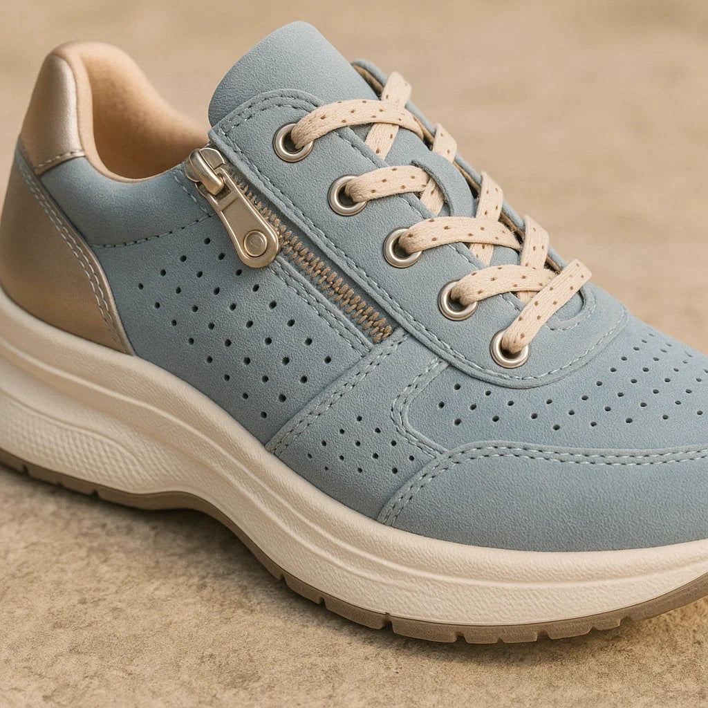Sneakersy damskie niskie sznurowane na podwyższonej podeszwie - Niebieski