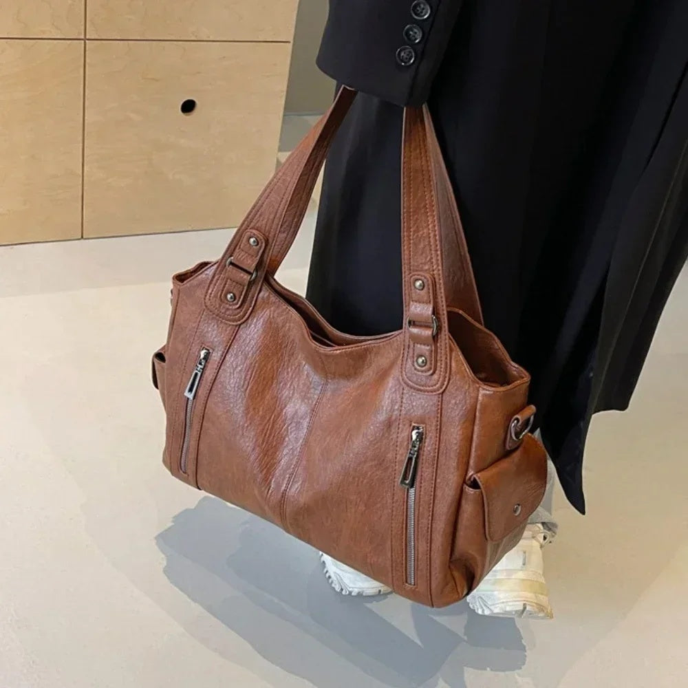 Torebka damska shopper duża z uchwytami i odpinanym paskiem - Brązowy