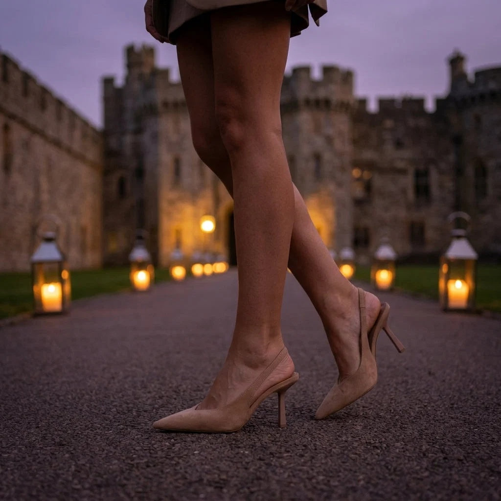 Czółenka damskie slingback na wysokim obcasie ze szpiczastym noskiem - Beżowy