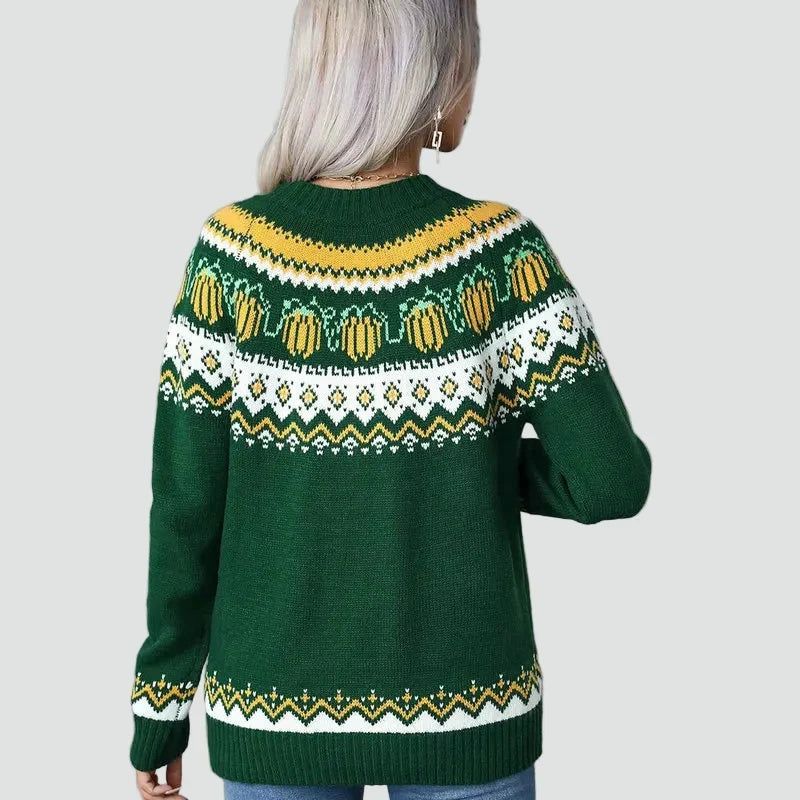 Sweter damski z okrągłym dekoltem i jesiennym wzorem w dynie - Zielony