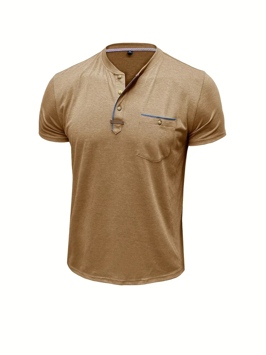 Koszulka męska z krótkim rękawem dekoltem henley i kieszenią - Khaki