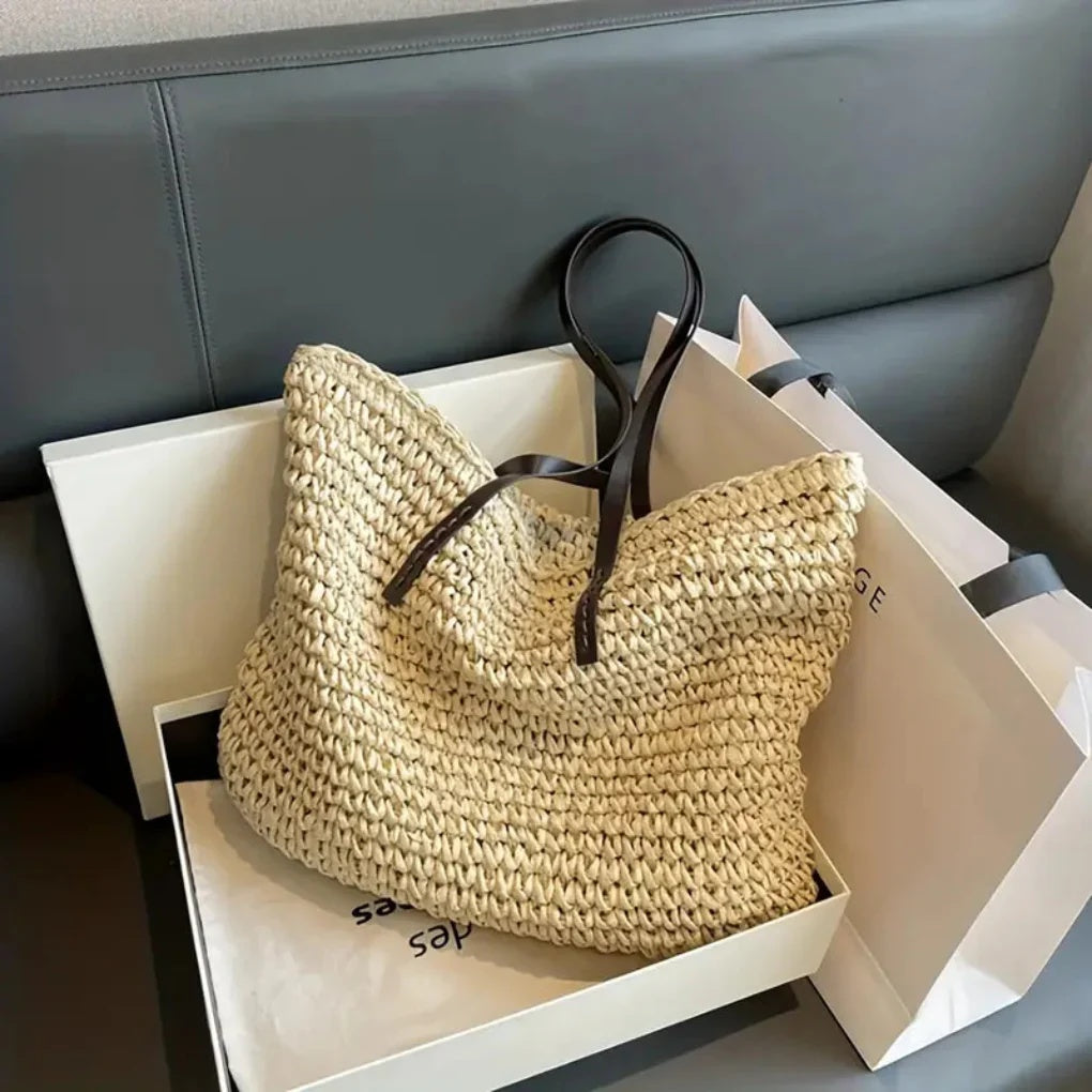 Torebka damska shopper duża pleciona z dwoma długimi uchwytami - Beżowy