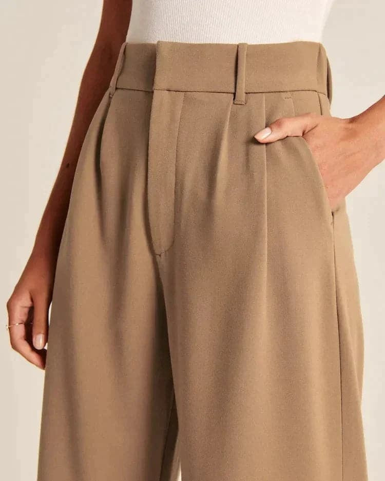 Spodnie damskie z wysokim stanem i szerokimi nogawkami w eleganckim stylu - Brązowy