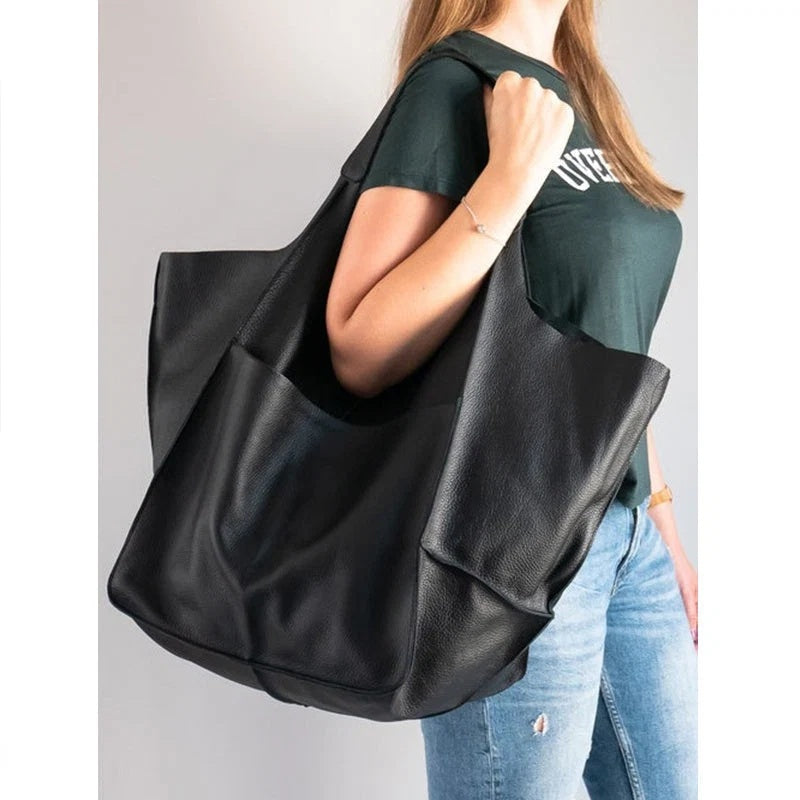 Torebka damska shopper duża z szerokimi uchwytami i kieszeniami - Czarny