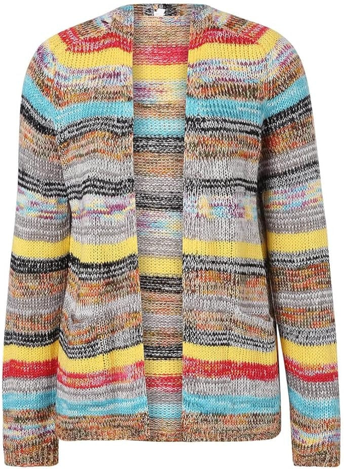 Kardigan damski oversize w pasy z otwartym przodem i kieszeniami - Żółty