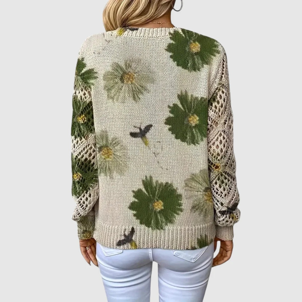 Sweter damski w kwiaty z dekoltem w serek i ażurowymi rękawami - Zielony