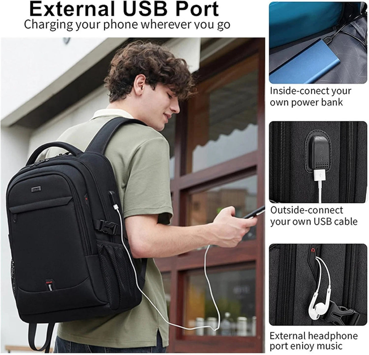 Plecak męski wielokomorowy z portem USB i kieszenią na urządzenia