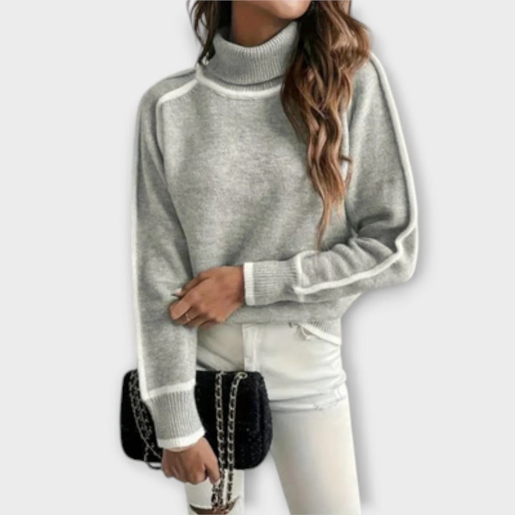 Sweter damski z półgolfem długimi rękawami i kontrastowymi lamówkami