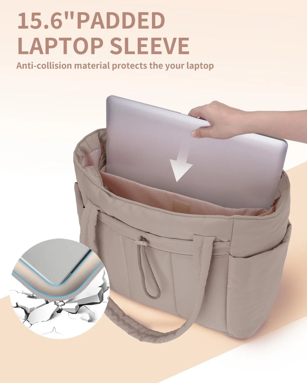 Torba damska na laptopa z długimi uchwytami i kieszeniami - Beżowy