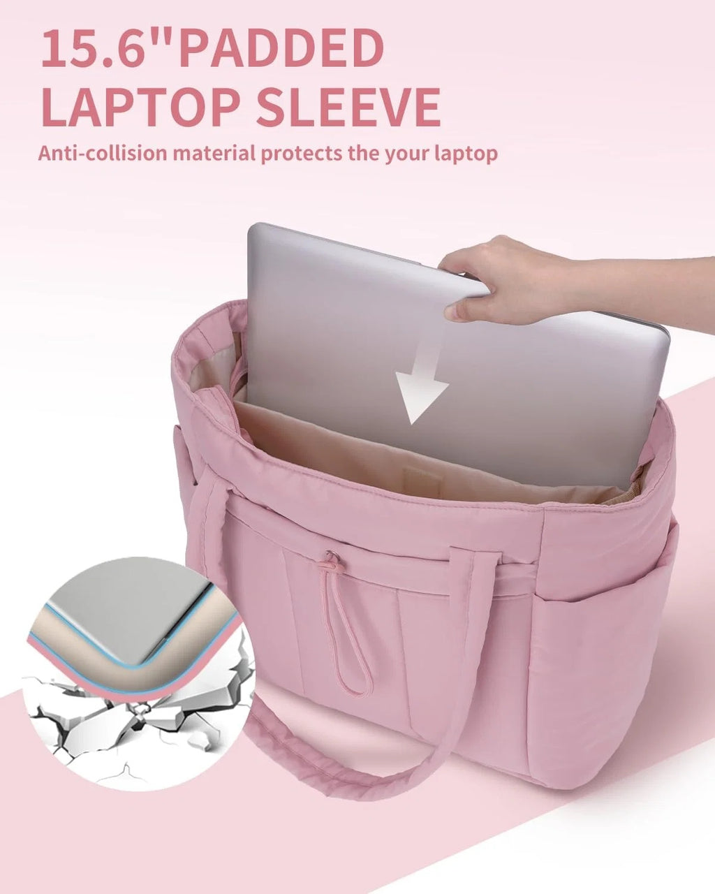 Torba damska na laptopa z długimi uchwytami i kieszeniami - Różowy