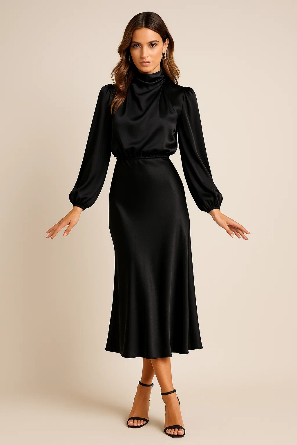 Sukienka damska midi elegancka z golfem i bufiastymi rękawami - Czarny