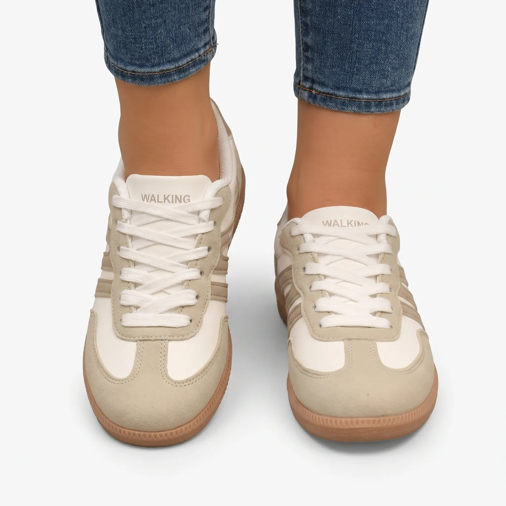 Sneakersy damskie retro niskie sznurowane z płaską podeszwą - Bezowy
