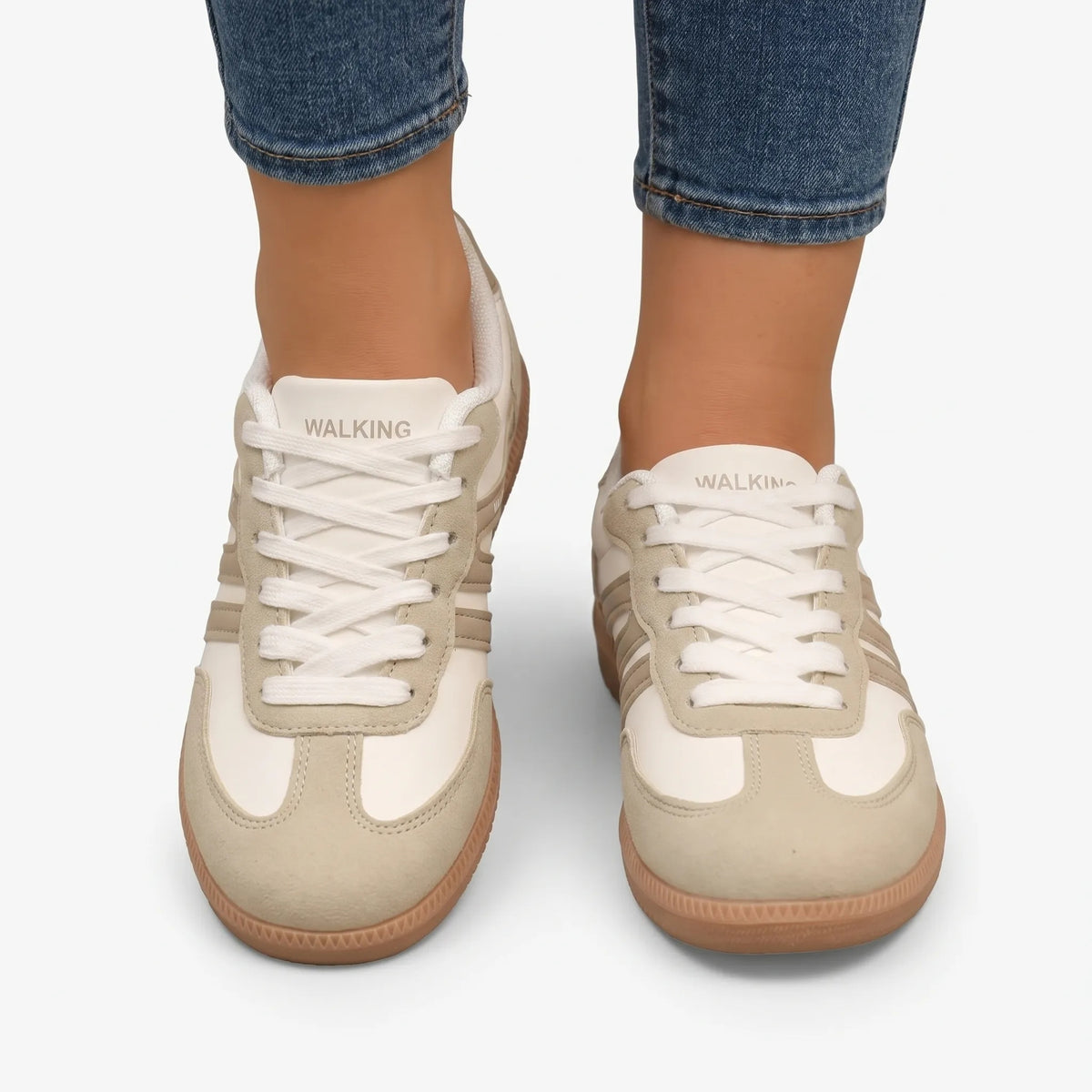 Sneakersy damskie retro niskie sznurowane z płaską podeszwą - Bezowy
