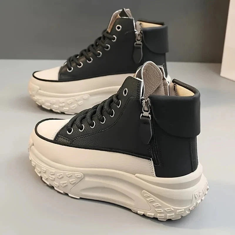 Sneakersy damskie wysokie na masywnej platformie ze sznurowaniem i zamkiem - Czarny