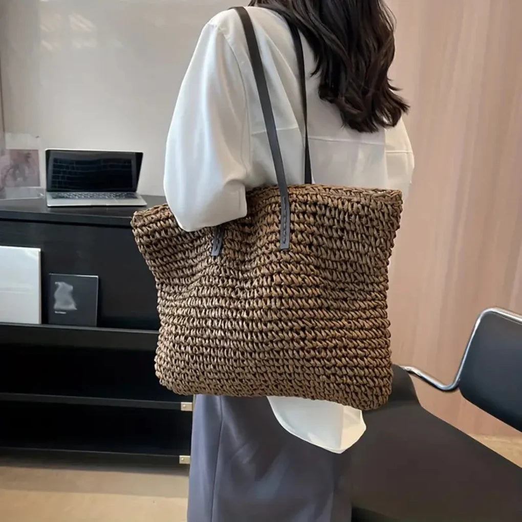 Torebka damska shopper duża pleciona z dwoma długimi uchwytami - Kawowy