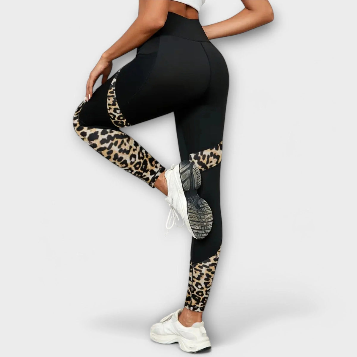 Legginsy damskie sportowe z wysokim stanem i panterkowymi wstawkami - Khaki