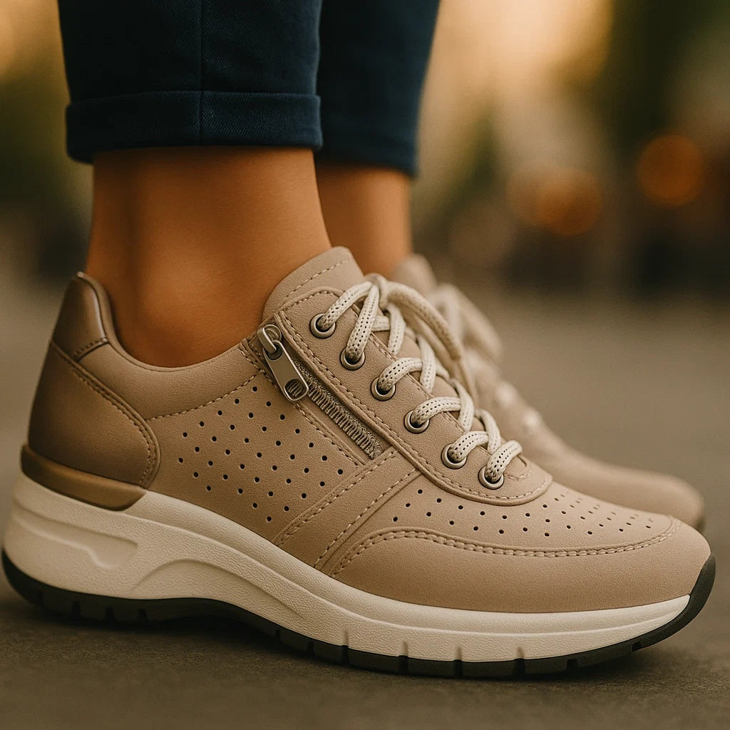 Sneakersy damskie niskie sznurowane na podwyższonej podeszwie - Khaki