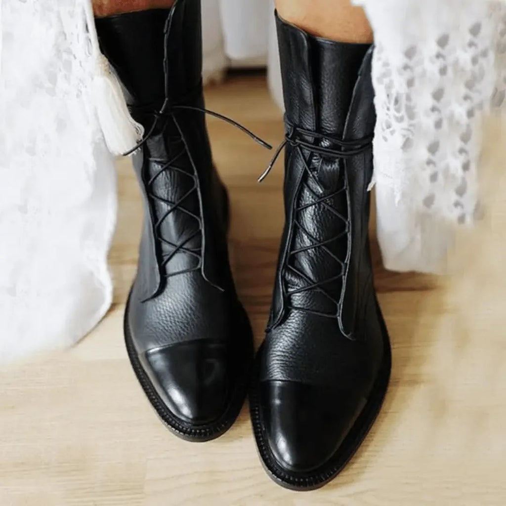Botki damskie retro sznurowane z wysoką cholewką i noskiem z przeszyciem - Czarny