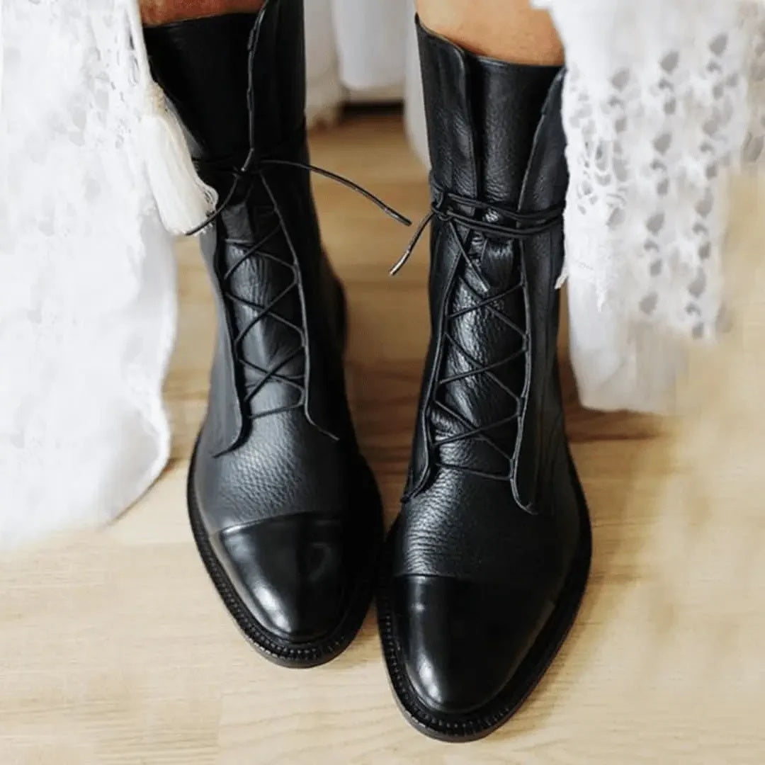 Botki damskie retro sznurowane z wysoką cholewką i noskiem z przeszyciem - Czarny