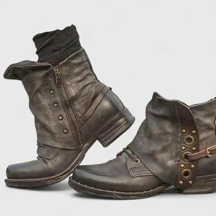 Botki damskie retro z klamrami i metalowymi detalami na niskim obcasie - Szary