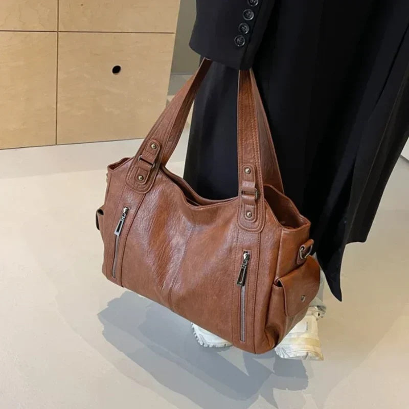 Torebka damska shopper duża z dwoma uchwytami i odpinanym paskiem - Jasnobrązowy