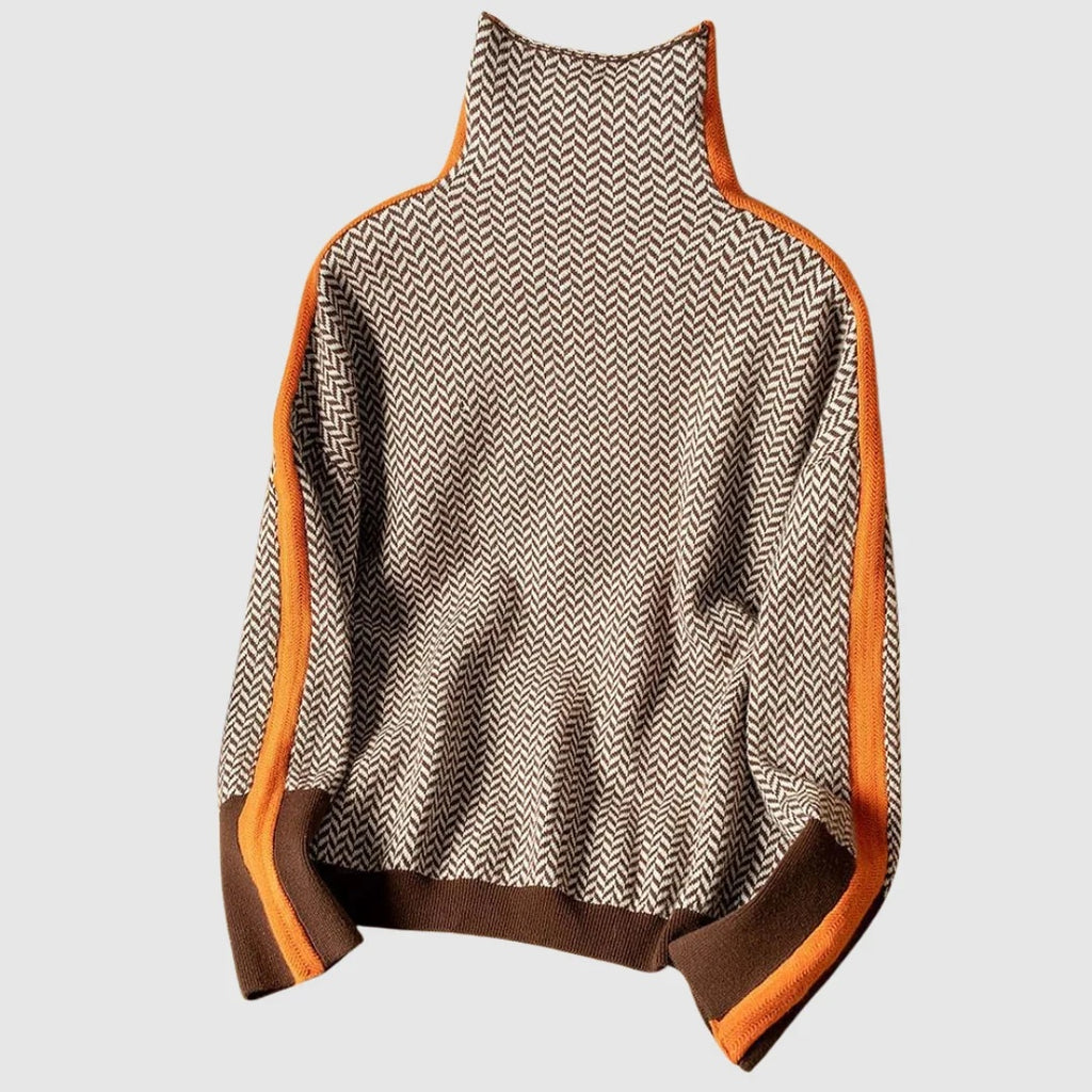 Sweter damski oversize z wysokim kołnierzem i geometrycznym wzorem - Pomarańczowy