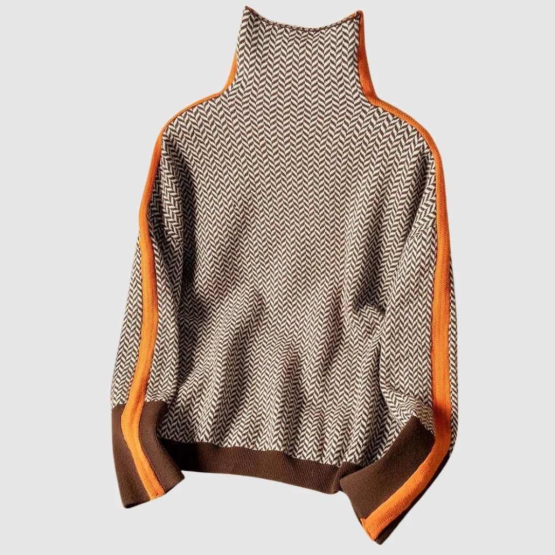 Sweter damski oversize z wysokim kołnierzem i geometrycznym wzorem - Pomarańczowy