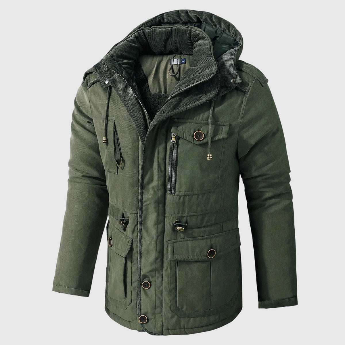 Kurtka męska zimowa z kapturem i wieloma kieszeniami w stylu outdoorowym - Zielony