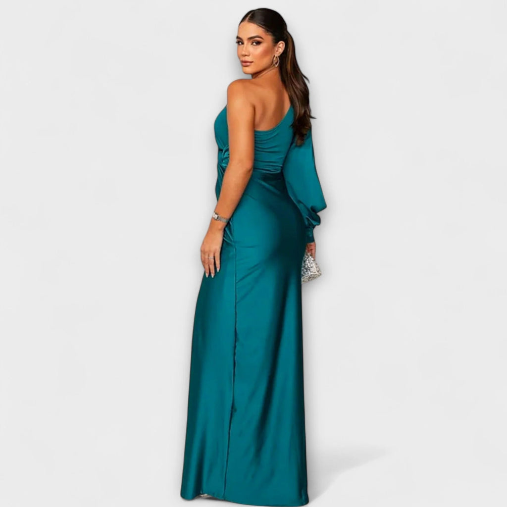 Sukienka damska maxi asymetryczna na jedno ramię z drapowaniem i rozcięciem - Turkusowy