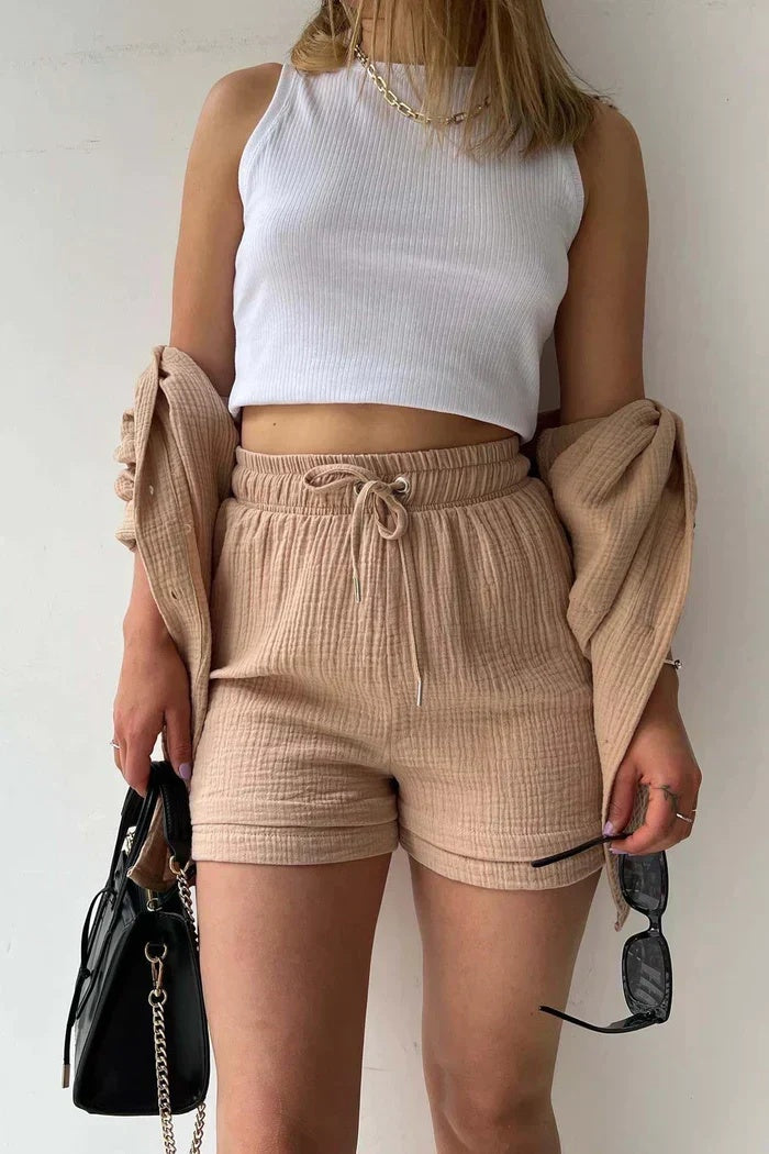 Komplet damski z luźną koszulą i szortami z wiązaniem - Khaki