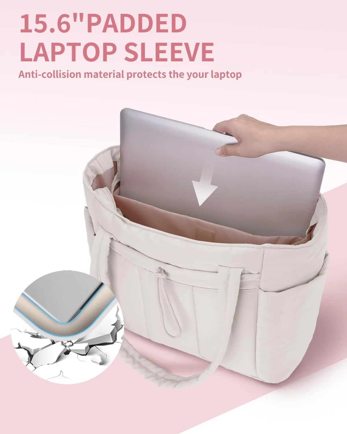 Torba damska na laptopa z długimi uchwytami i kieszeniami - Złamana Biel