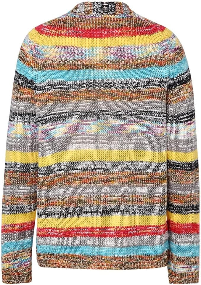 Kardigan damski oversize w pasy z otwartym przodem i kieszeniami - Żółty
