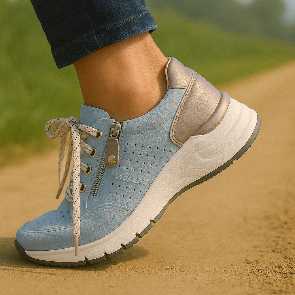 Sneakersy damskie niskie sznurowane na podwyższonej podeszwie - Niebieski