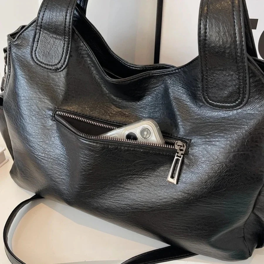 Torebka damska shopper duża z dwoma uchwytami i kieszeniami na suwak - Czarny
