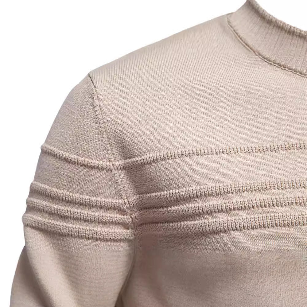 Sweter męski dopasowany z okrągłym dekoltem i geometrycznym wzorem - Beżowy