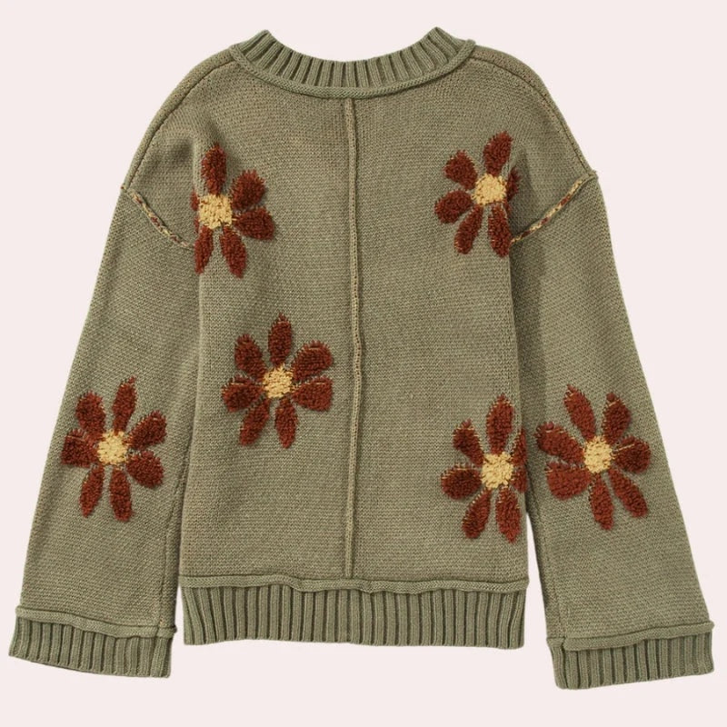 Sweter damski w kwiaty z dekoltem w serek i szerokimi rękawami