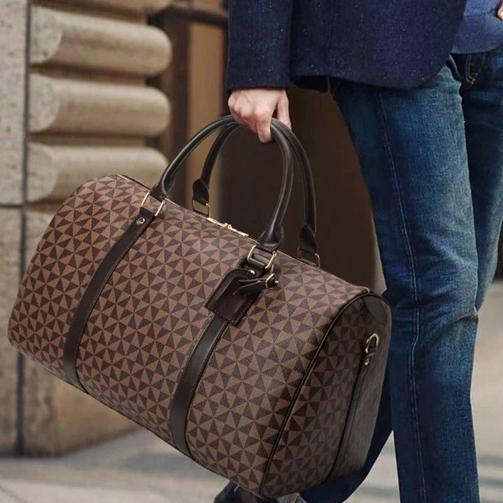 Torba podróżna damska pojemna z geometrycznym wzorem i paskiem na ramię - Brązowy