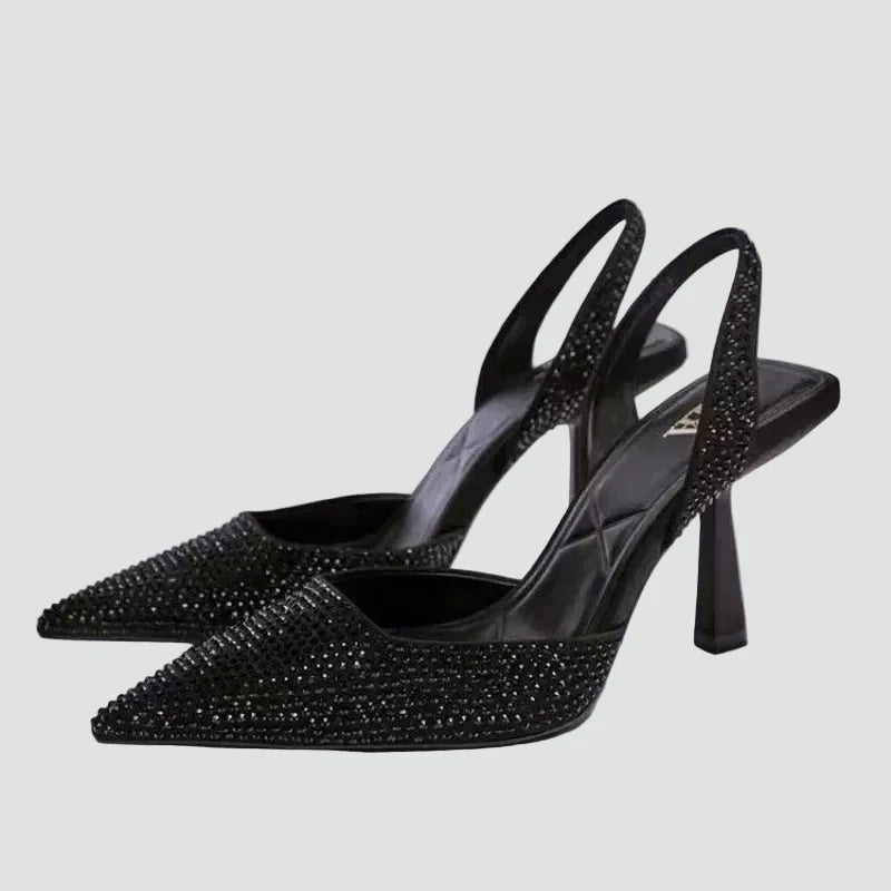 Czółenka damskie slingback na wysokim obcasie ze spiczastym noskiem i zdobieniami - Czarny