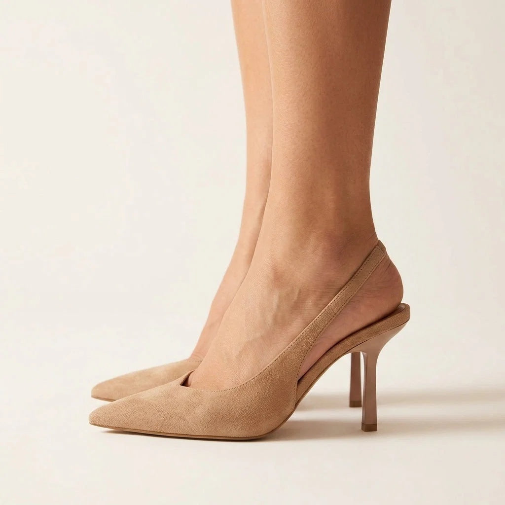 Czółenka damskie slingback na wysokim obcasie ze szpiczastym noskiem - Beżowy
