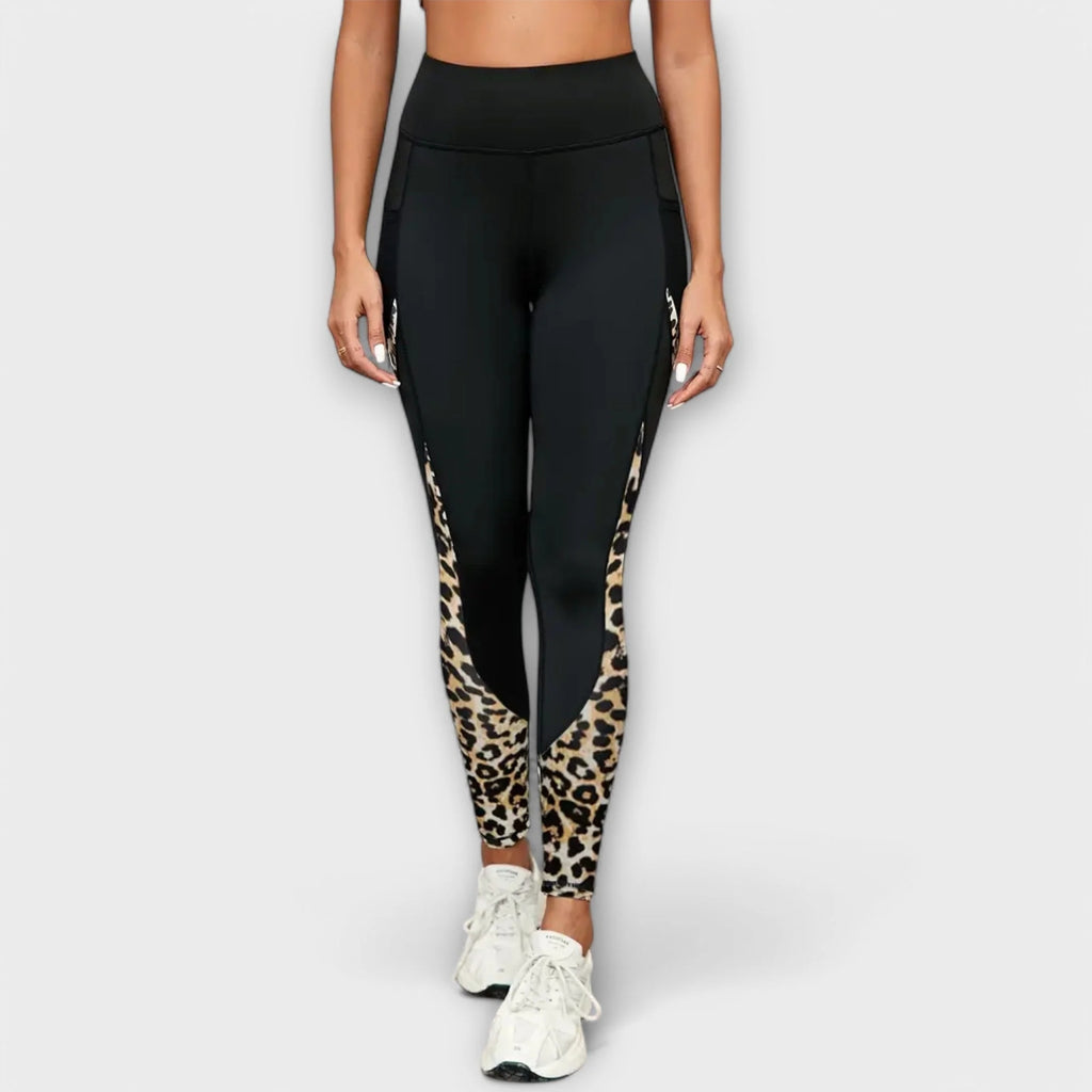 Legginsy damskie sportowe z wysokim stanem i panterkowymi wstawkami - Khaki