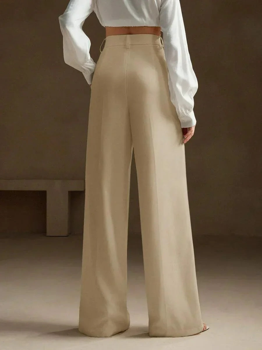Spodnie damskie palazzo z wysokim stanem i zakładkami - Beżowy