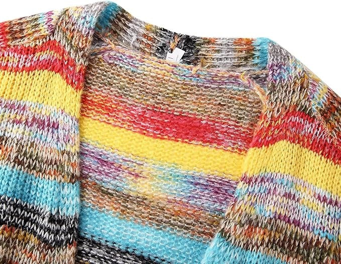 Kardigan damski oversize w pasy z otwartym przodem i kieszeniami - Żółty