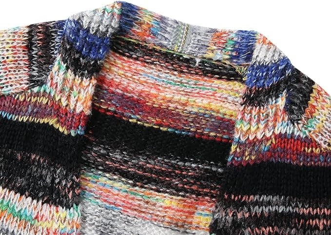 Kardigan damski oversize w pasy z otwartym przodem i kieszeniami - Niebieski