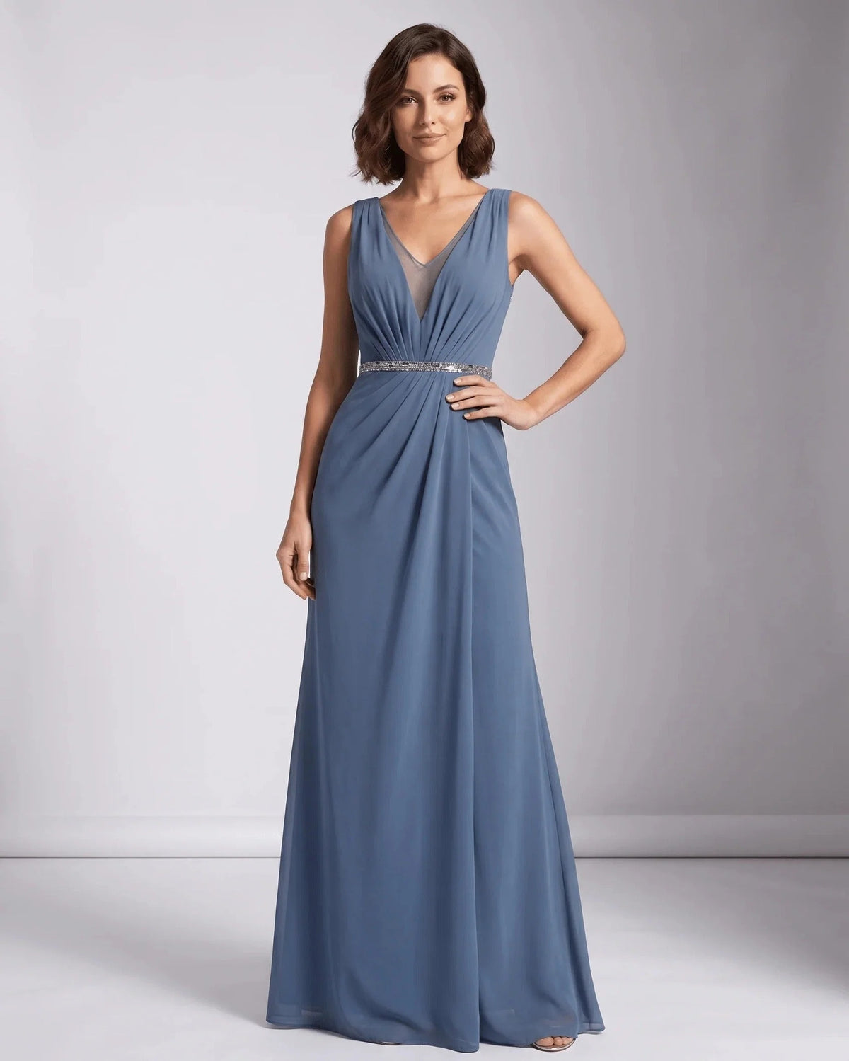 Sukienka damska wieczorowa maxi z dekoltem w serek i ozdobną talią - Niebieski